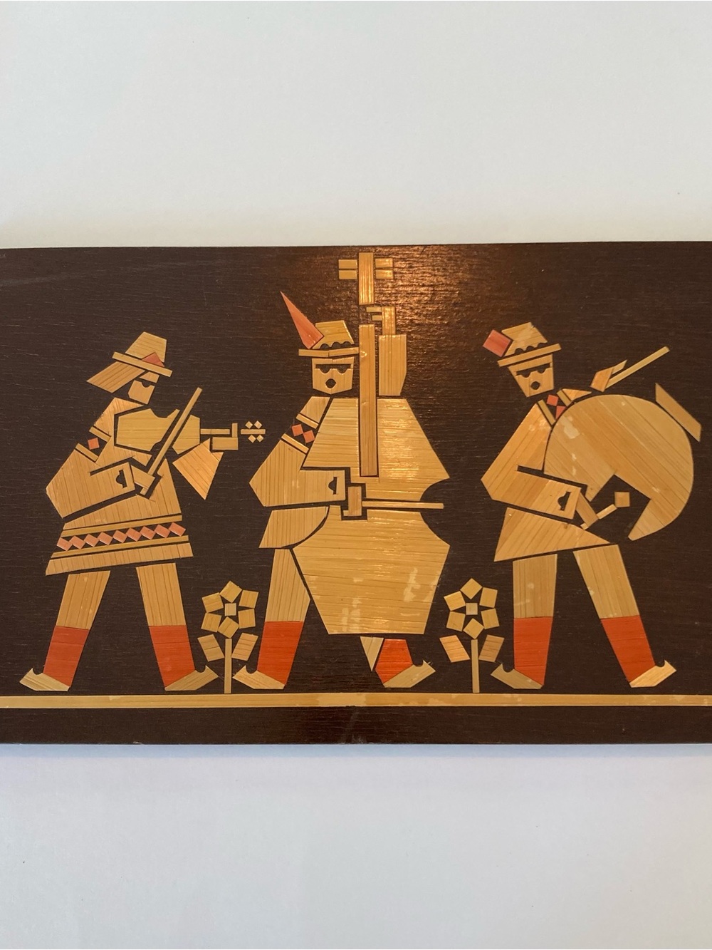 Unique Handcrafted Folk Musician Wall Art Wood Frame USSR Straw Marquetry Boho